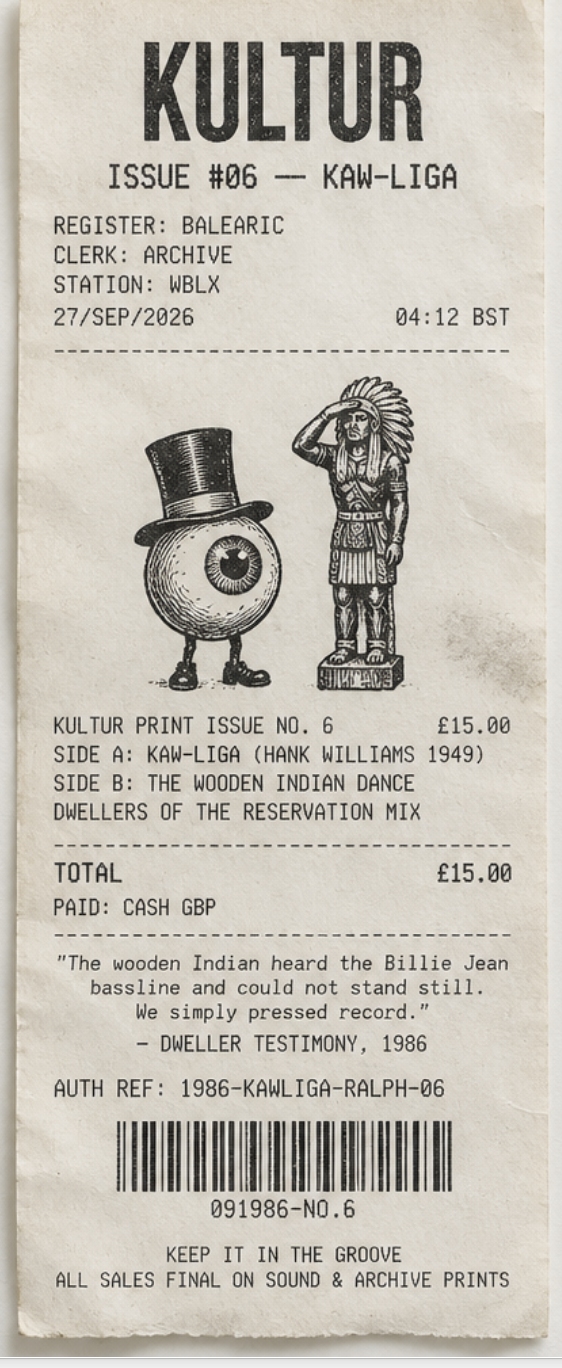 KULTUR Issue #06 — Kaw-Liga till receipt: the wooden Indian and the eyeball in the top hat